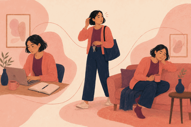 An East Asian woman moving through work, errands and end-of-day exhaustion, illustrating ADHD and mental load in women