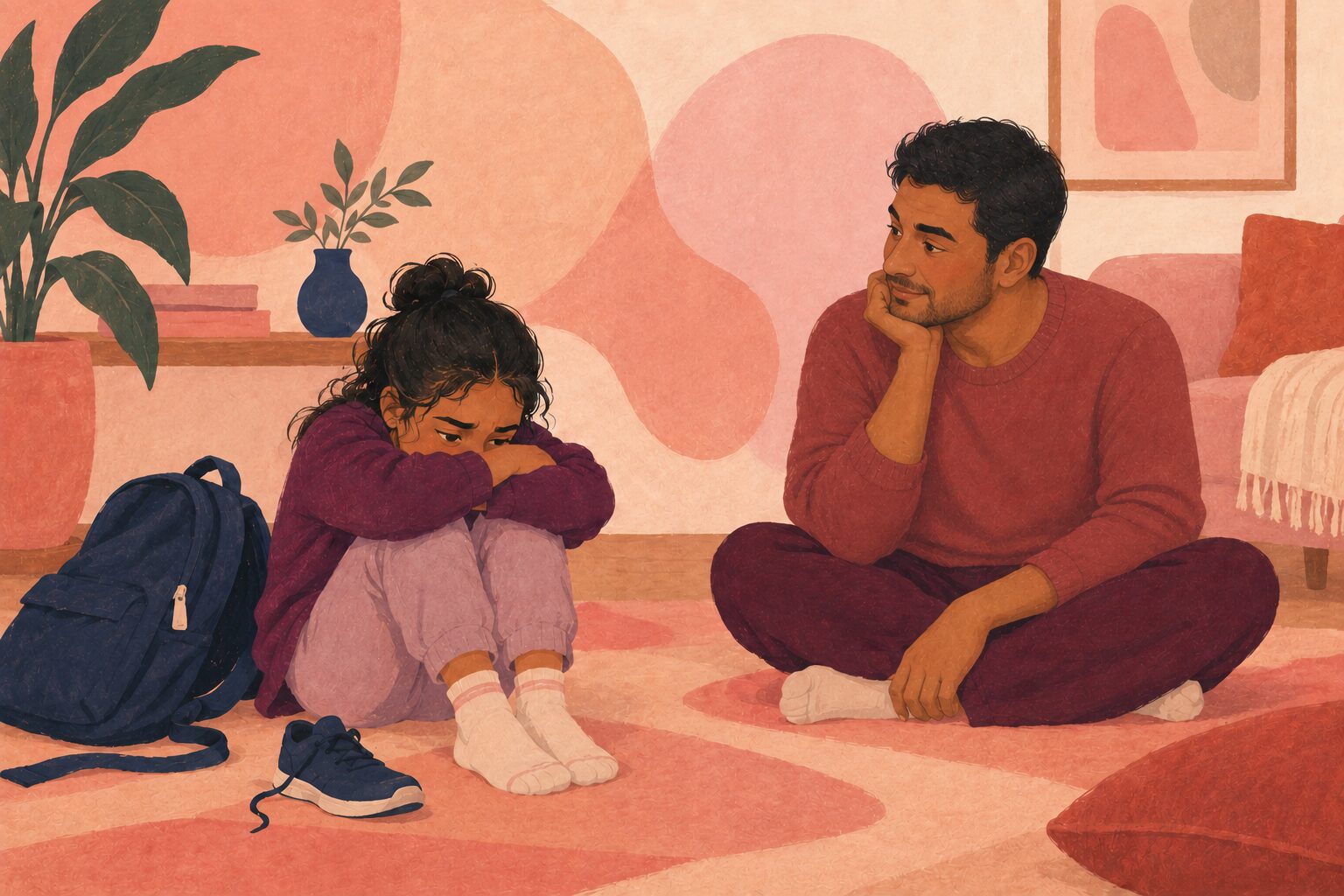 A father sitting nearby while his overwhelmed child decompresses after school beside a backpack