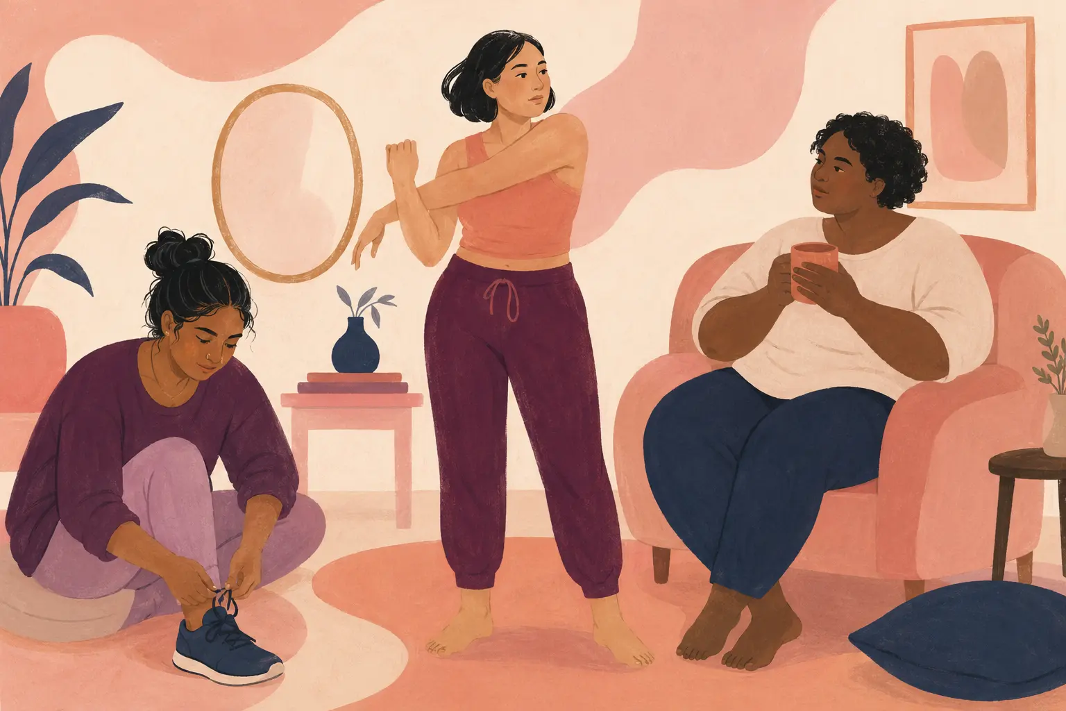 Three diverse women practising body-neutral care through rest, stretching and movement