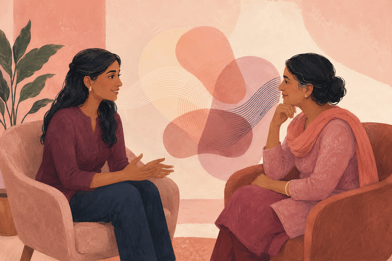 South Asian therapist and client having a culturally responsive therapy conversation