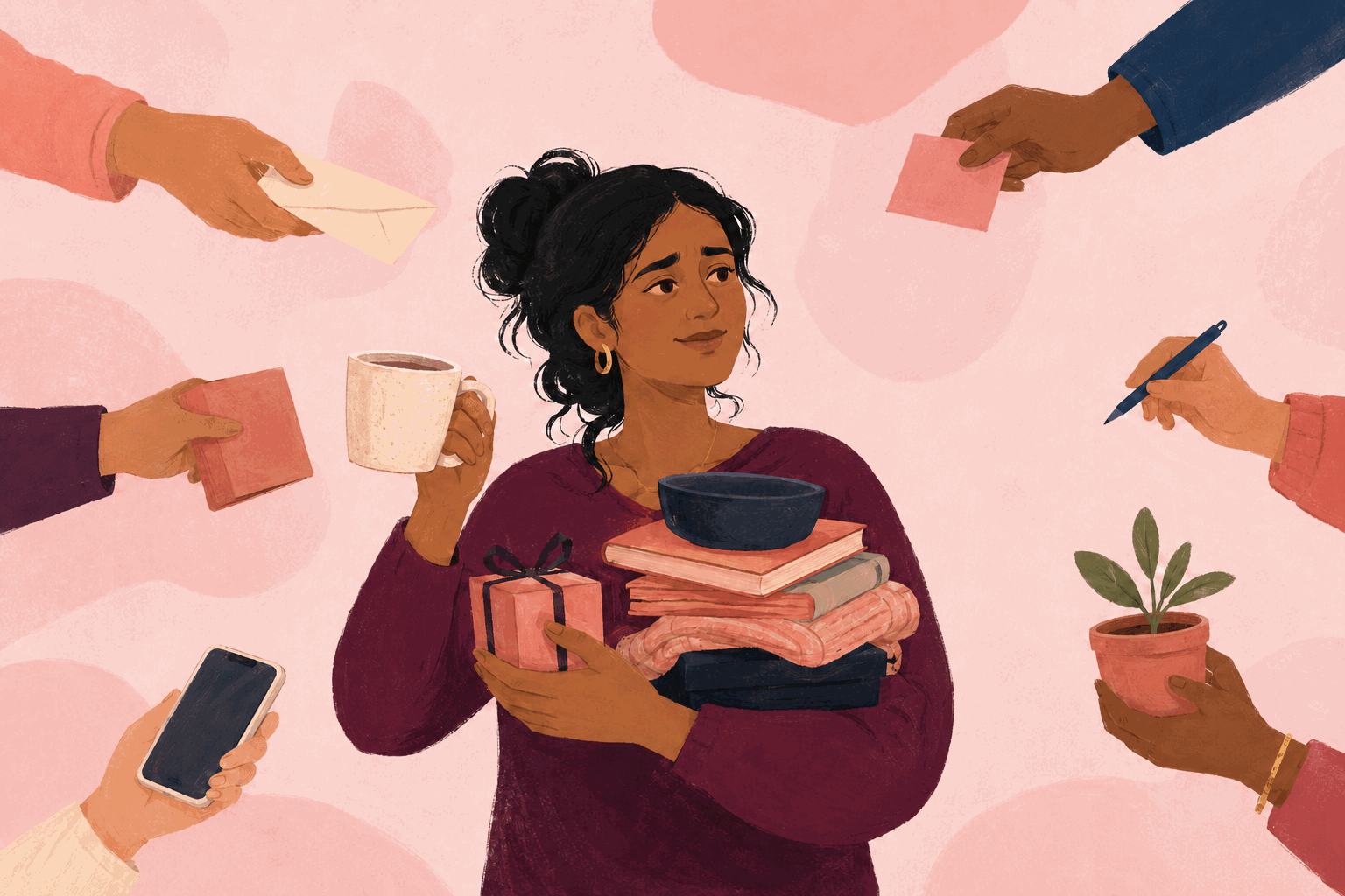 Illustration of a woman overwhelmed by people-pleasing as hands offer more responsibilities