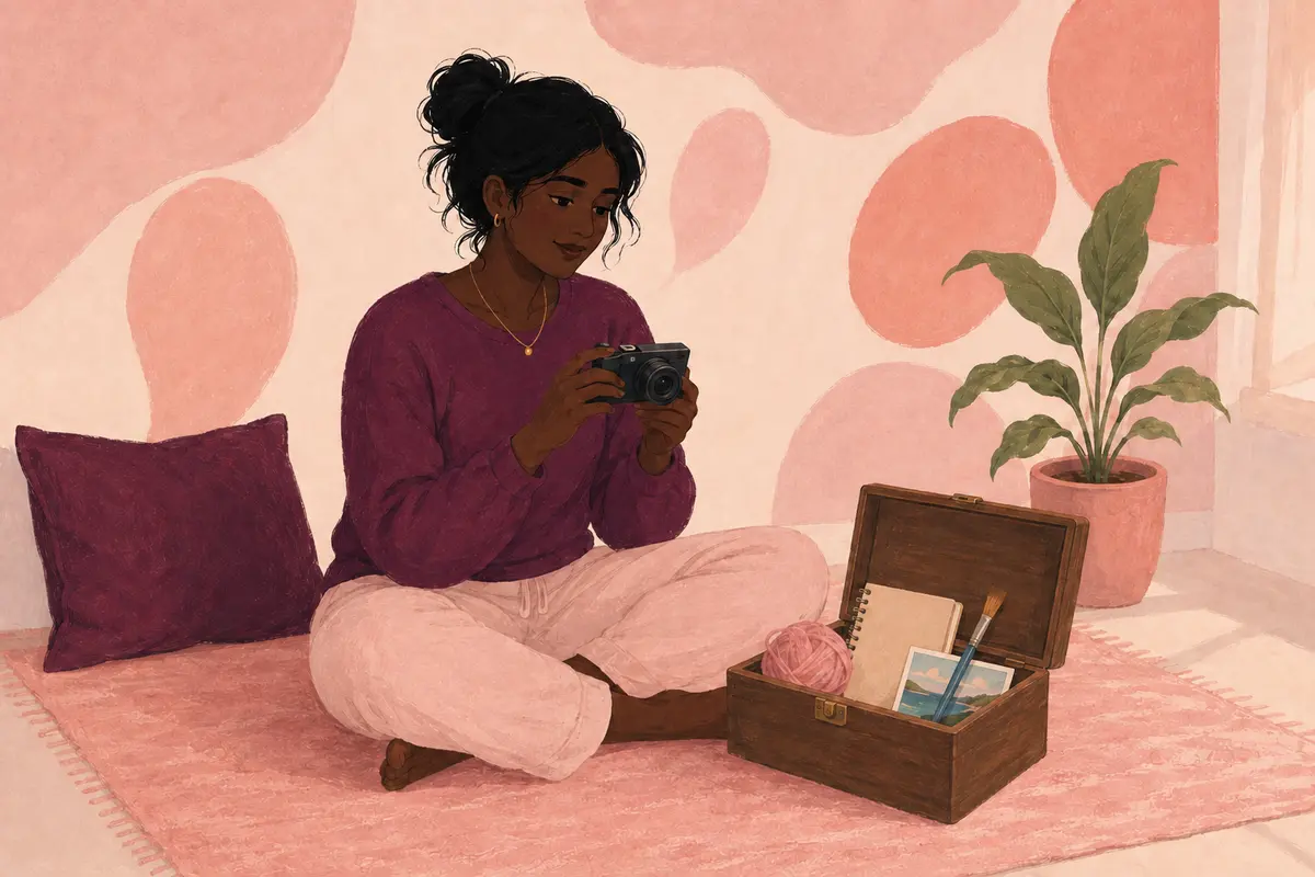 Dark-skinned South Asian woman exploring photography and creative interests