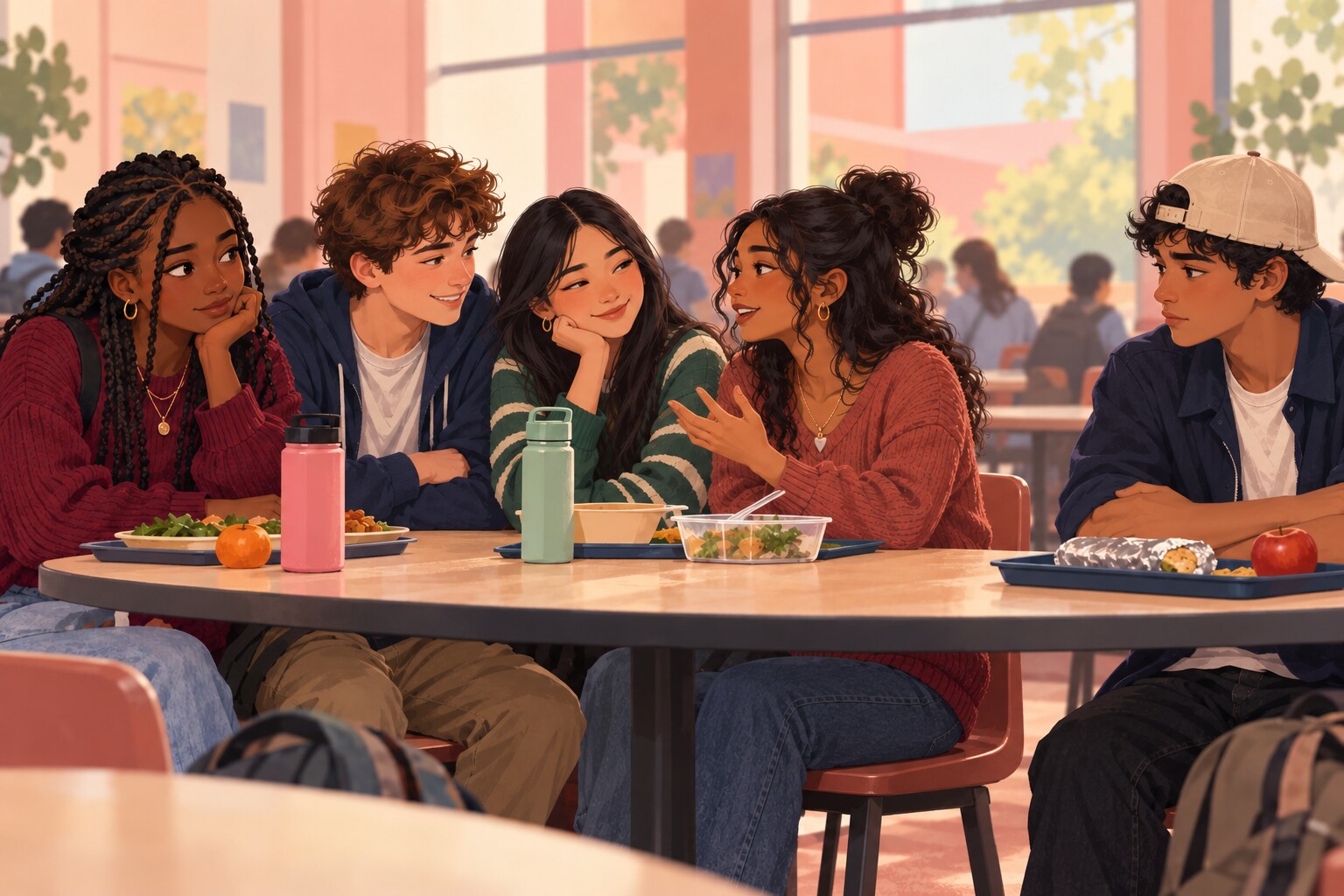 A diverse group of teenagers at a cafeteria table, with one teen sitting slightly apart and looking toward the group